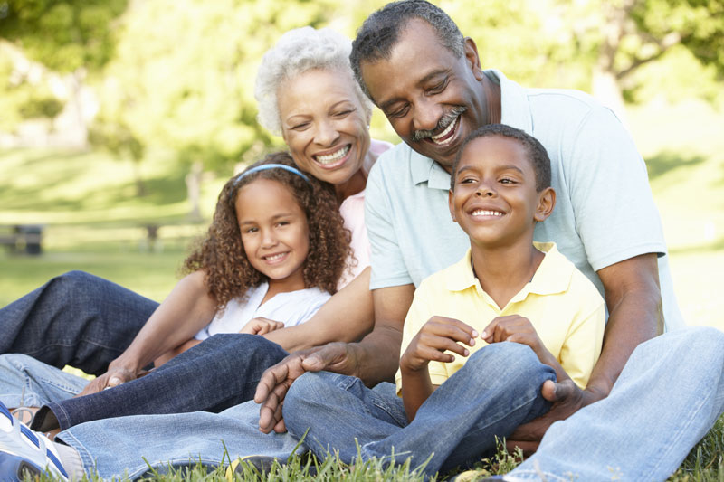 a family sitting on the grass